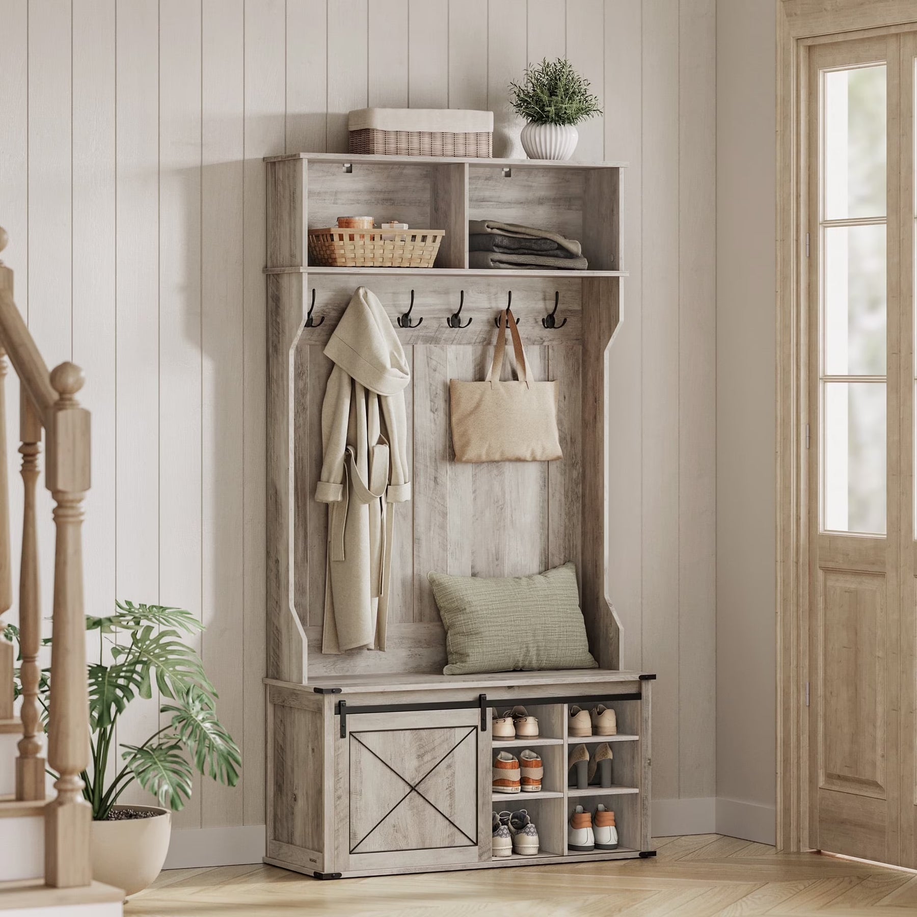 Hall Tree, Coat Rack with Shoe Bench, Entryway Furniture, Tri - Hooks, Rustic White and Honey Brown