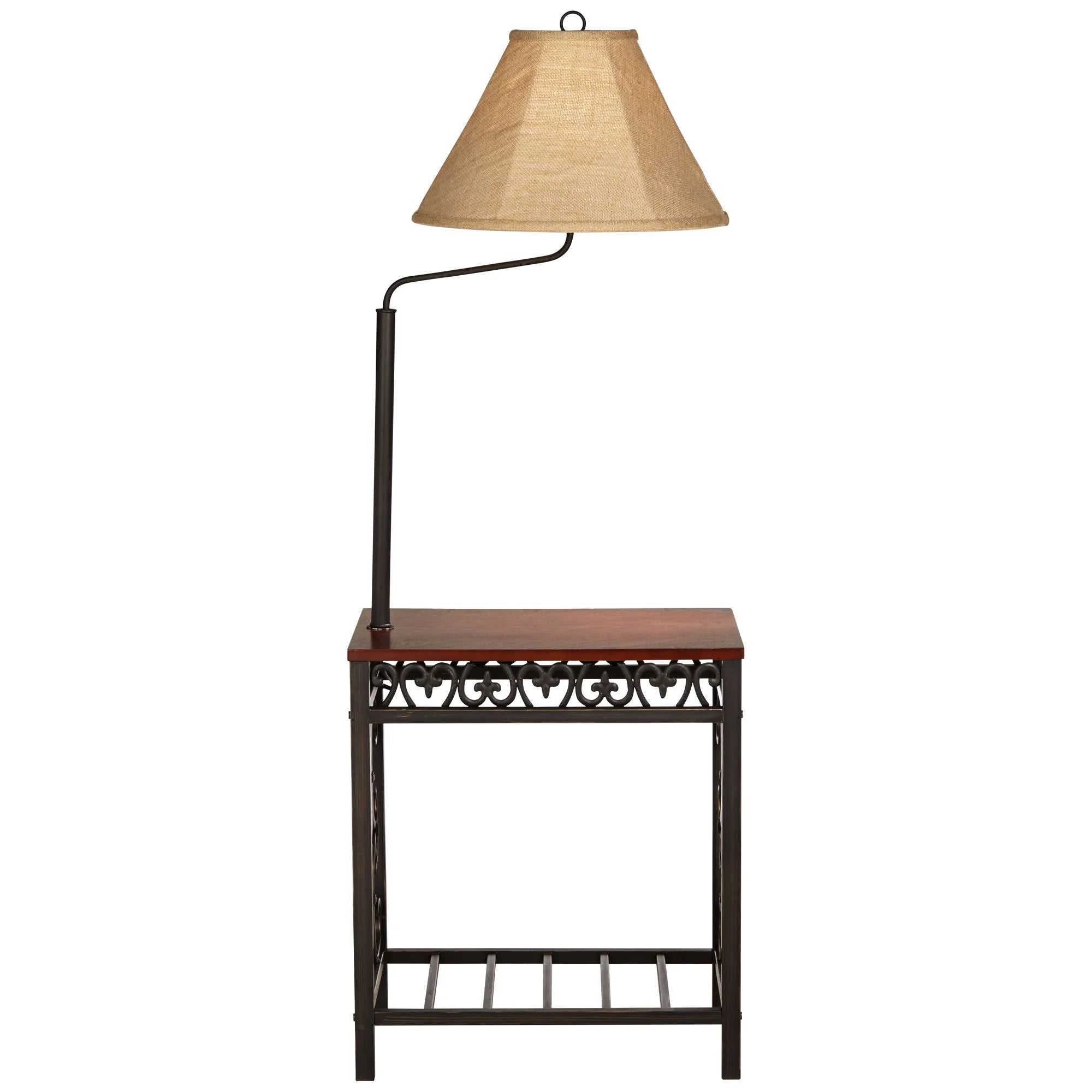 Regency Hill Travata Rustic Vintage Floor Lamp with End Table 54" Tall Bronze Scrollwork Swing Arm Burlap Fabric Empire Shade for Living Room Reading