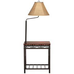 Regency Hill Travata Rustic Vintage Floor Lamp with End Table 54" Tall Bronze Scrollwork Swing Arm Burlap Fabric Empire Shade for Living Room Reading