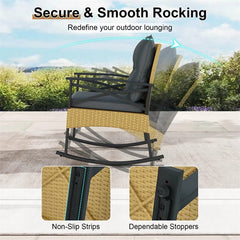 3 Piece Rattan Patio Rocking Bistro Set, Outdoor Wicker Rockers with Cushions & 2-Tier Tempered Glass Coffee Table for Porch, Balcony, Backyard