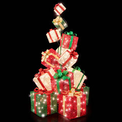 5.6FT Lighted Gift Box Tower, 15 Pre-Lit Stacked Boxes with 450 Warm White Lights, Metal Base & Ribbons, Indoor/Outdoor Christmas Light-Up Decoration