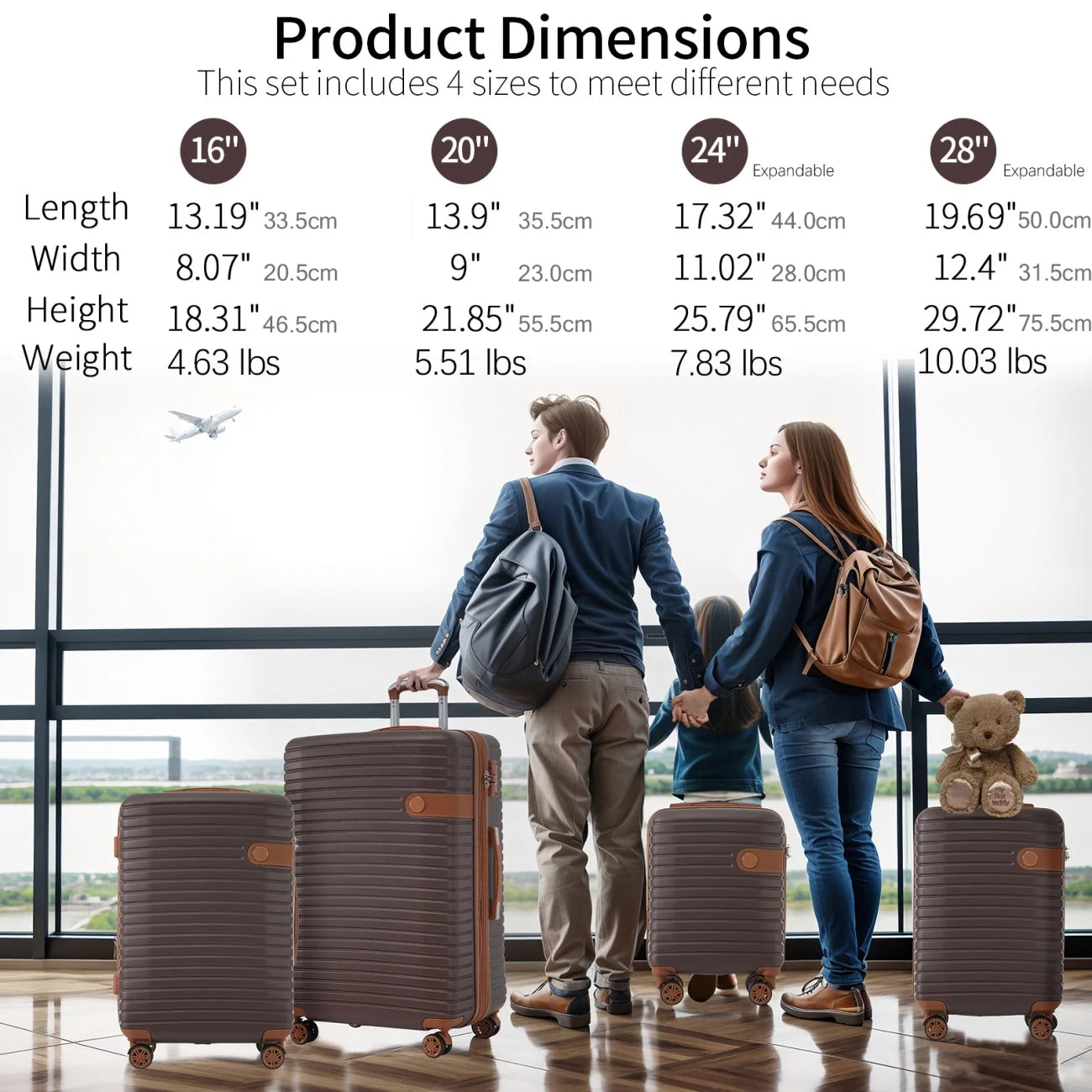 Luggage Sets, 4 - Piece Lightweight Suitcase Set with 4 Packing Cubes and TSA Lock, Hardshell Suitcases with Spinner Wheels, (16/20/24/28 ), Brown