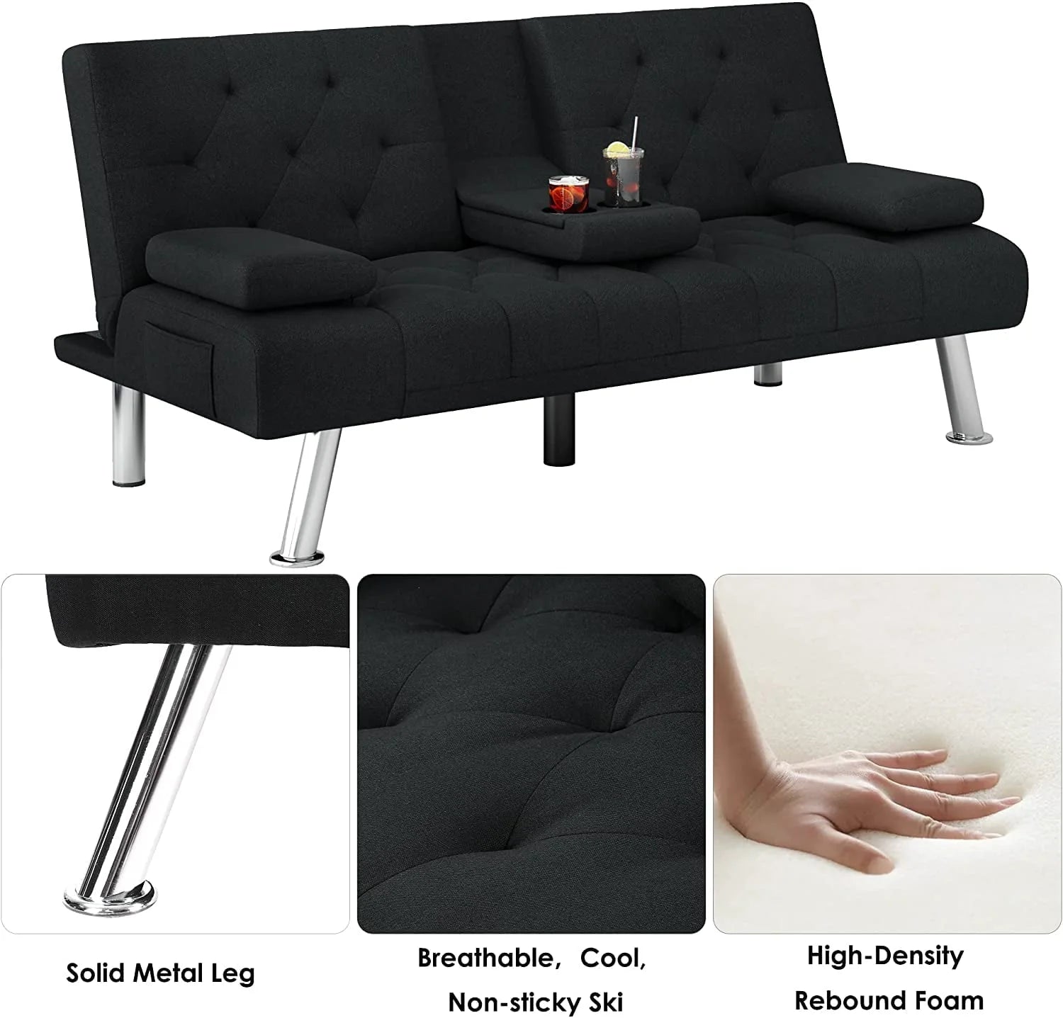 Homfa 66.3'' Upholstered Sofa Bed Couch, Convertible Futon Folding Sleeper Sofa with Removable Armrests and 2 Cupholders for Living Room, Black