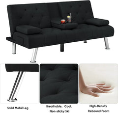 Homfa 66.3'' Upholstered Sofa Bed Couch, Convertible Futon Folding Sleeper Sofa with Removable Armrests and 2 Cupholders for Living Room, Black