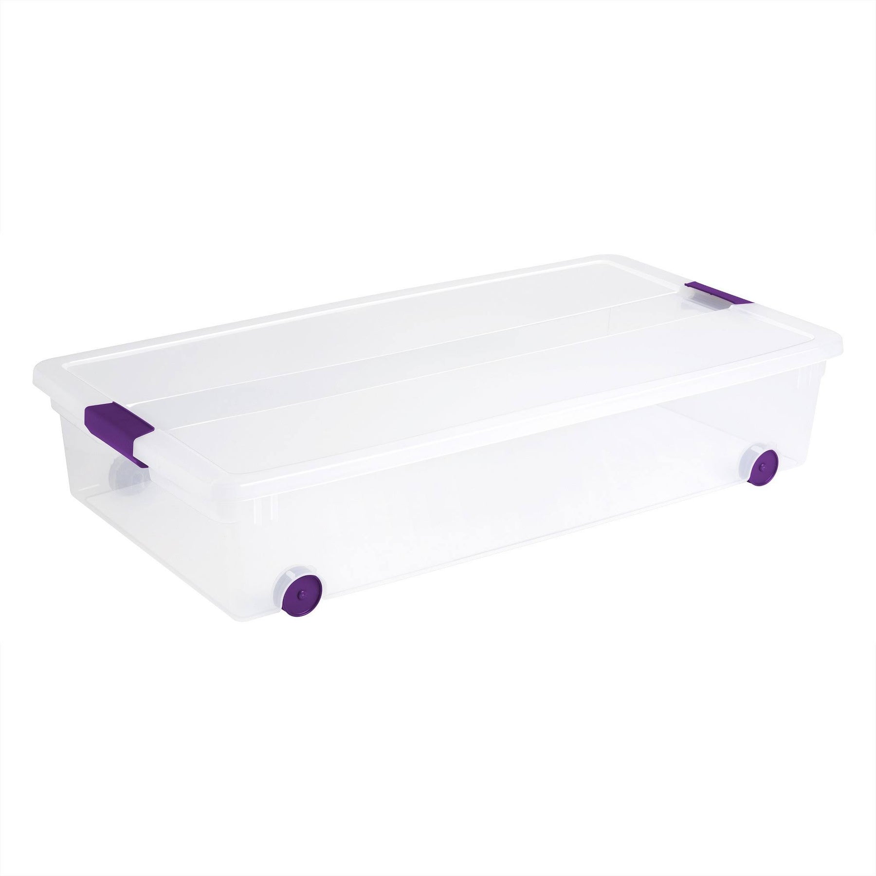 Sterilite Underbed Storage Bin with Purple Latch, Clear, 15 Gallon Capacity