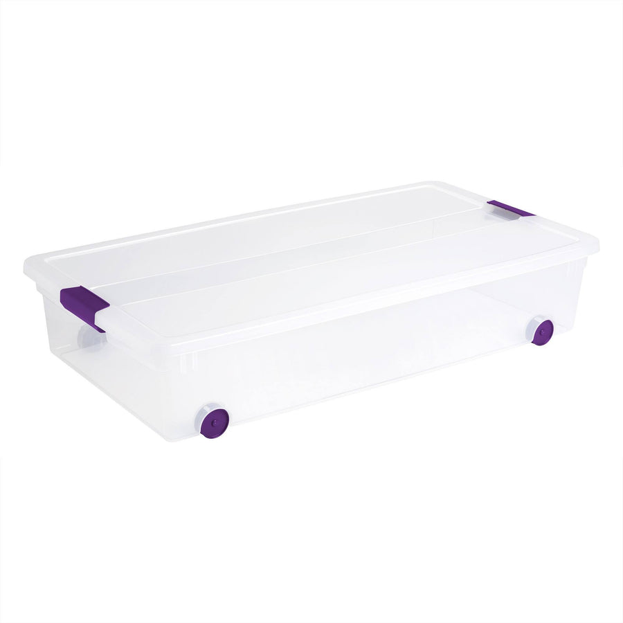 Sterilite Underbed Storage Bin with Purple Latch, Clear, 15 Gallon Capacity