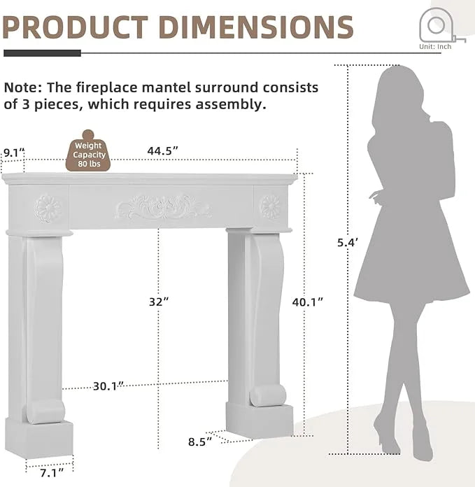 EPICOZY 44.5" Fireplace Mantel, Freestanding Fireplace Surround with Leg for Electric Fireplaces, MDF Mantel Surround with Shelf for Living Room with Decorative Pattern, Anti - Tipping & Waterproof