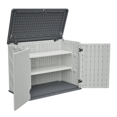 AECOJOY Horizontal Storage Shed with Removable Shelf, Lockable Outdoor Storage Cabinet – 28 Cu.ft, Ivory White