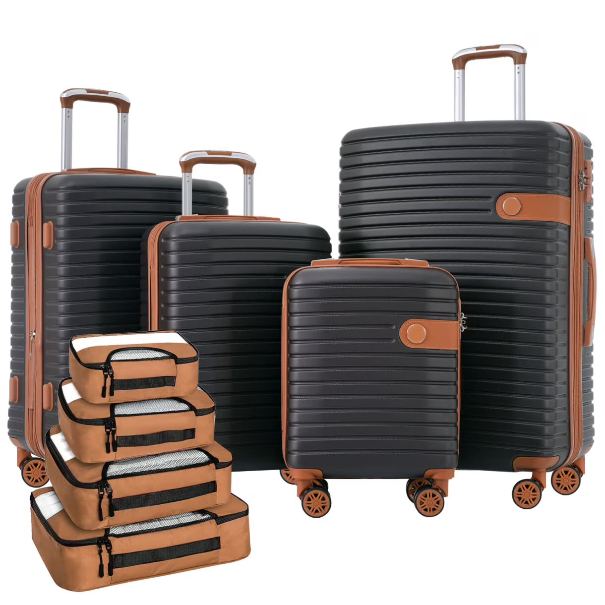 Luggage Sets, 4 - Piece Lightweight Suitcase Set with 4 Packing Cubes and TSA Lock, Hardshell Suitcases with Spinner Wheels, (16/20/24/28 ), Brown