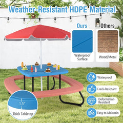 8-Person Kids Picnic Table Bench Set with Removable & Foldable Umbrella, Toddler Outdoor HDPE Activity Table and Chair Set for Backyard Patio