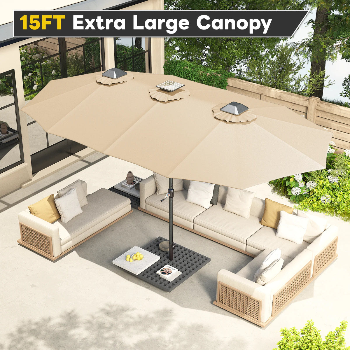 AECOJOY 15ft Patio Double-Sided Umbrella, 156 PCS Solar LED Light Outdoor Large Umbrella, Beige
