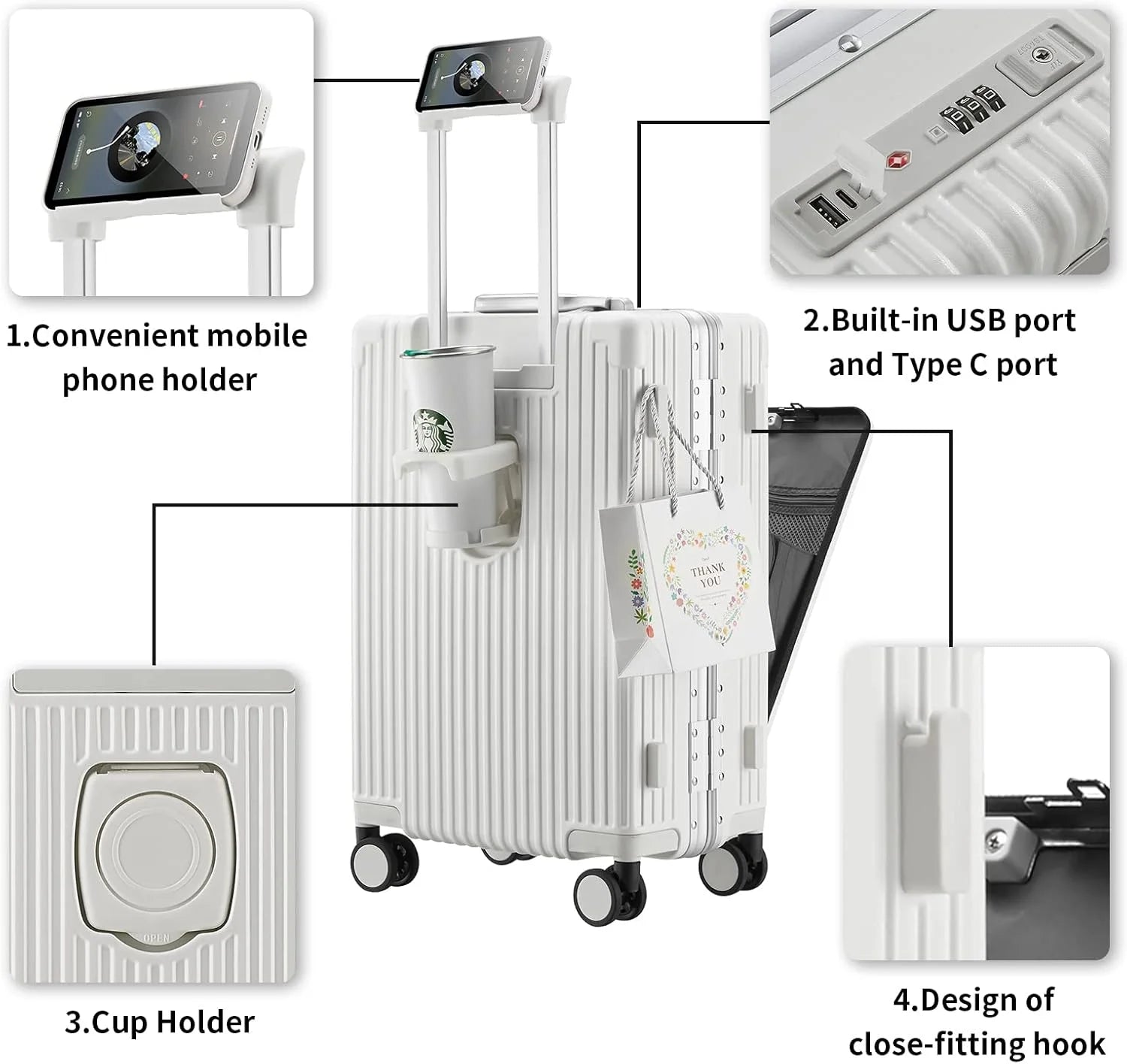 Carry - on Luggage with USB Charging Port, Front Compartment, TSA Lock, Airline Approved Carry on Hardside Suitcase with Spinner Wheels (Grey, 20 in)