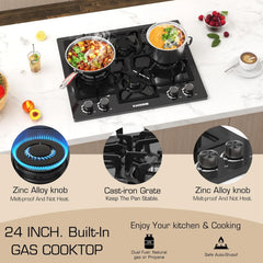 24 in Black Gas Cooktop - Built - in Dual Fuel Natural Gas & Propane Stove - 4 Burner Convertible Cooktop with Thermocouple Protection