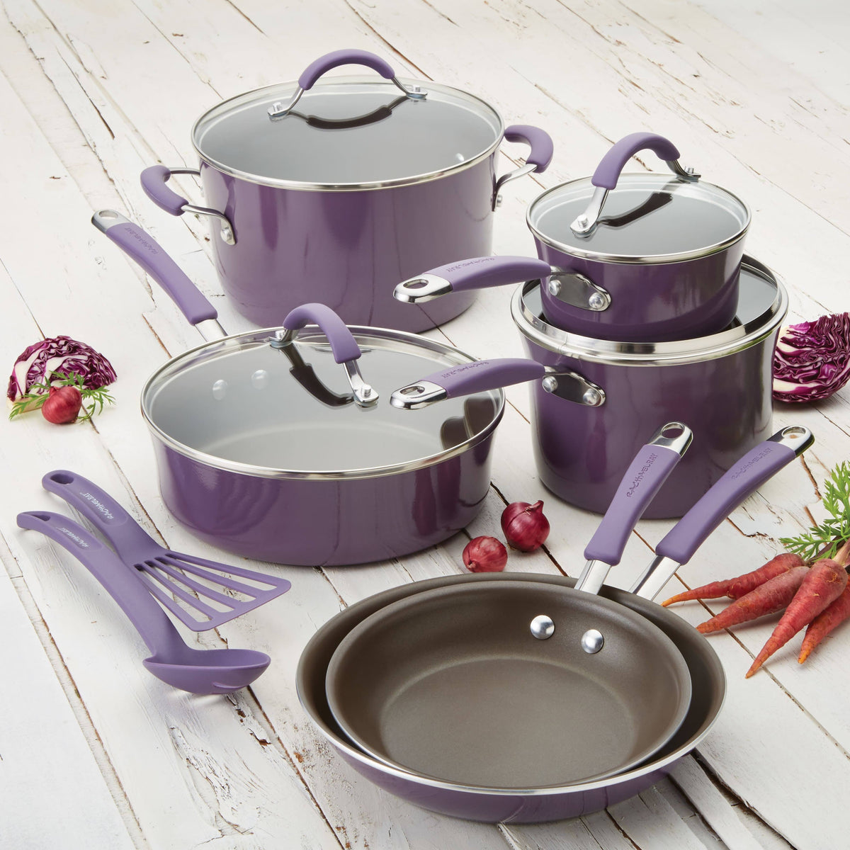 Rachael Ray Cucina 12-Piece Hard-Enamel Nonstick Cookware Set, Purple