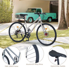 Outdoor Bike 7 Speed Hybrid Bike Disc Brake 700C Road Bike for Men Women'S City Bicycle, Mountain Bike for Outdoor