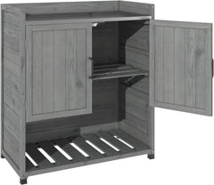 AECOJOY Potting Bench, Outdoor Wooden Storage Cabinet with Adjustable Shelf, Metal Tabletop
