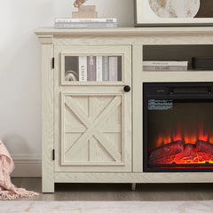 60" Farmhouse Fireplace TV Stand for Tvs up to 70 in, Entertainment Center with 18" Electric Fireplace, Rustic TV with Glass Barn Doors for Living Room, Adjustable Shelf