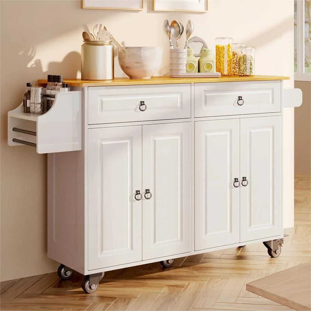 Lofka 52 - Inch Kitchen Island with Storage on Wheels with Wood Drop Leaf, Ideal for Small Kitchens