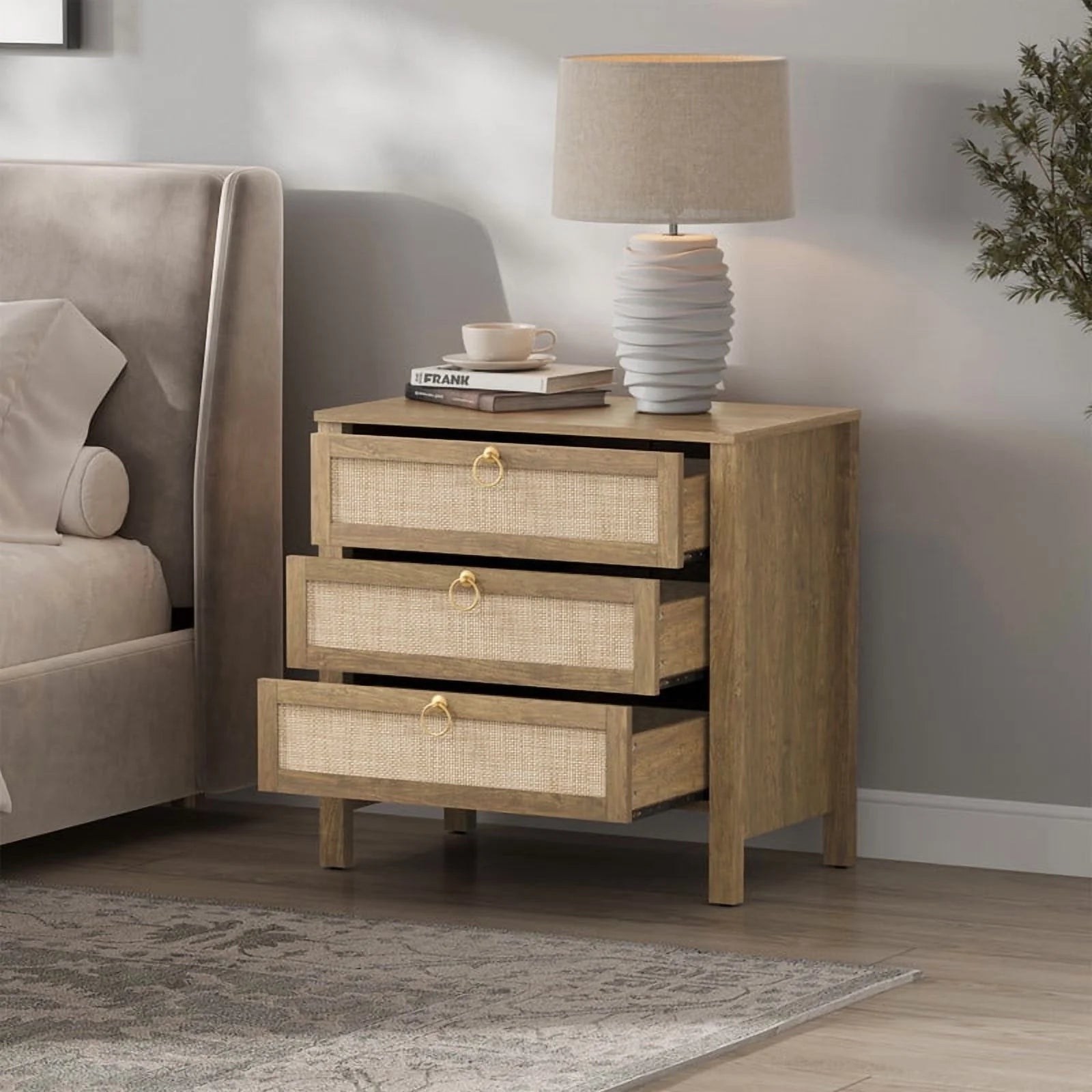 Surmoby Oak Boho 3 - Drawer Nightstand Set of 2 - Extra Wide Storage Night Stand with Gold Handles Large&Tall Bed Side Table for Bedroom Living Room Enterway