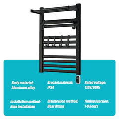 Heated Towel Rack Aluminum Heater Bathroom Warmer Shelf, Remote Control, 10 Rails+ 6 Hooks