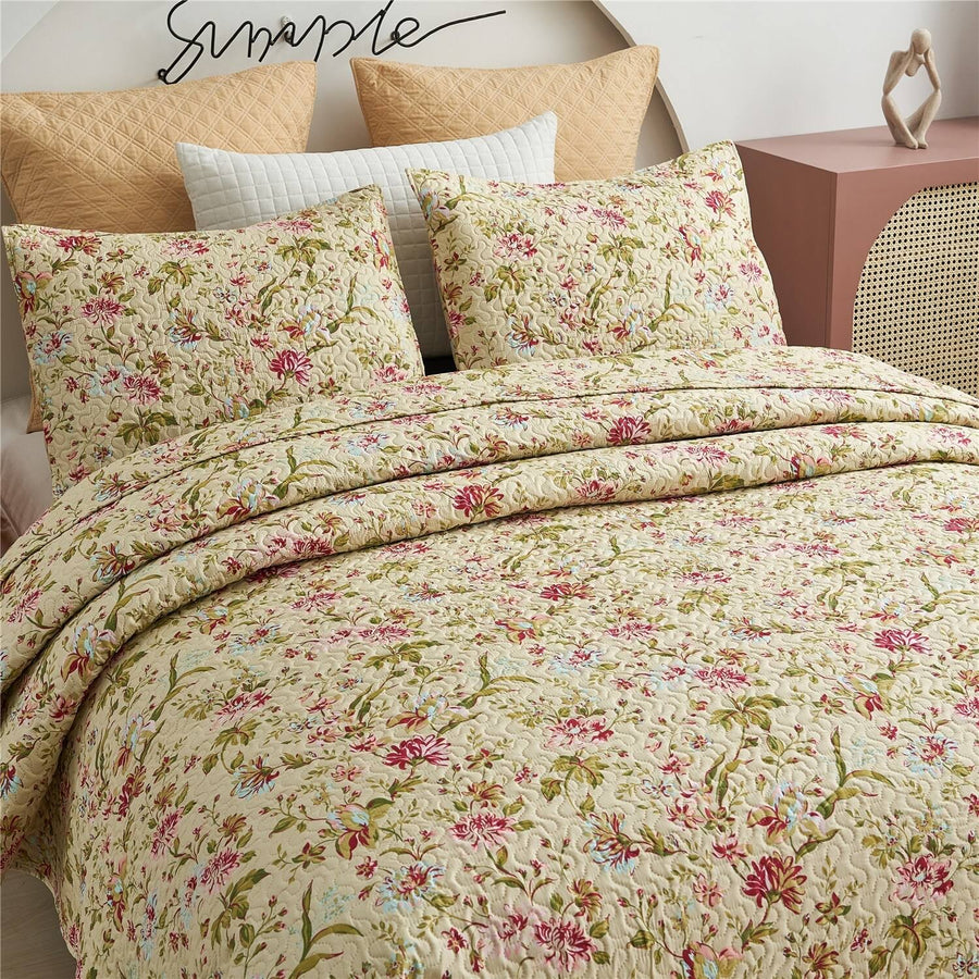 3-Piece Printed Reversible Bedding Quilt Set - Vintage Floral - Queen