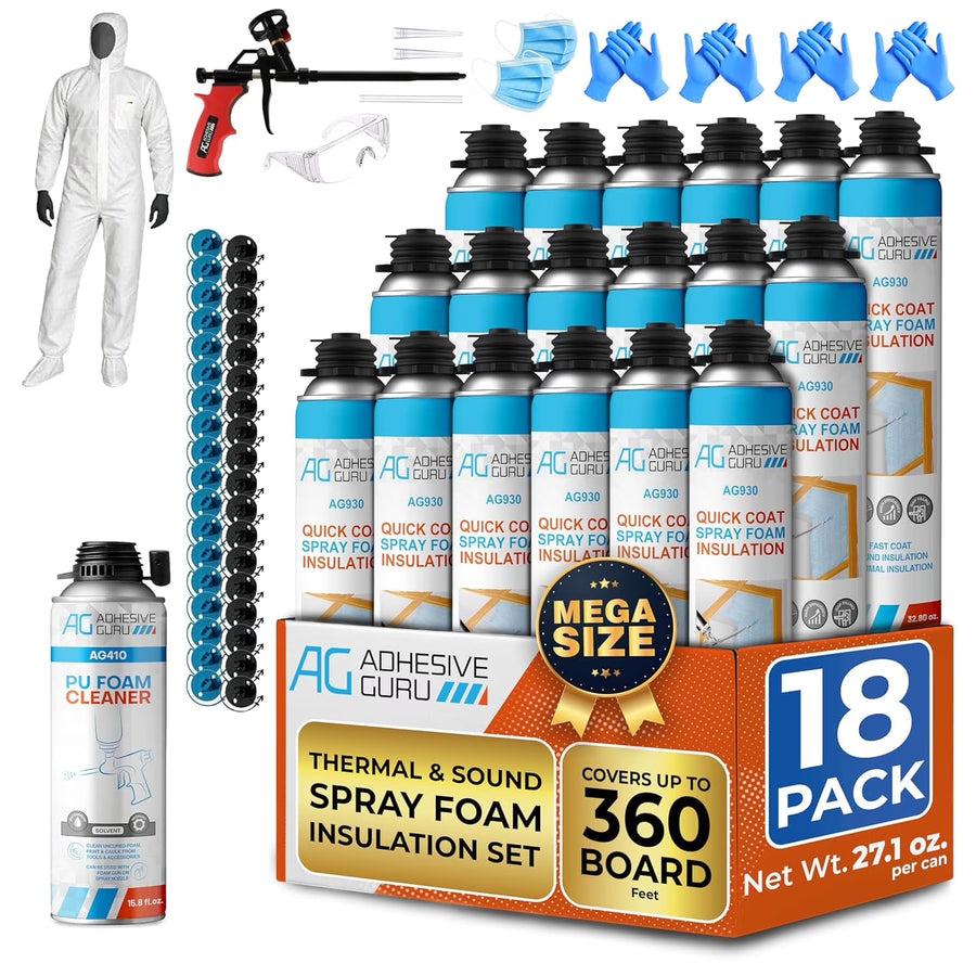 Adhesive Guru Spray Foam Insulation Kit (18 x 32.80 oz/930 Gr - 360 Board Feet), Self - Expanding Adhesive Foam, Closed Cell Heat Insulation & Acustic Spray with Cleaner and Dispensing Gun - 18 Pack