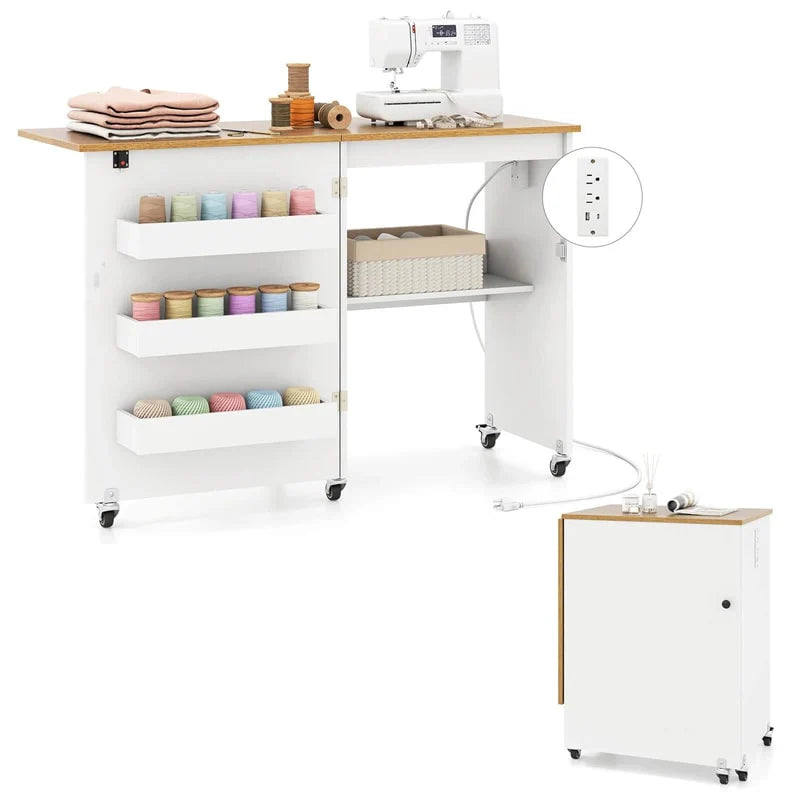 Folding Sewing Table with Charging Station, Rolling Craft Table w/ 3 Storage Trays & Shelf, Mobile Sewing Machine Cabinet for Small Spaces