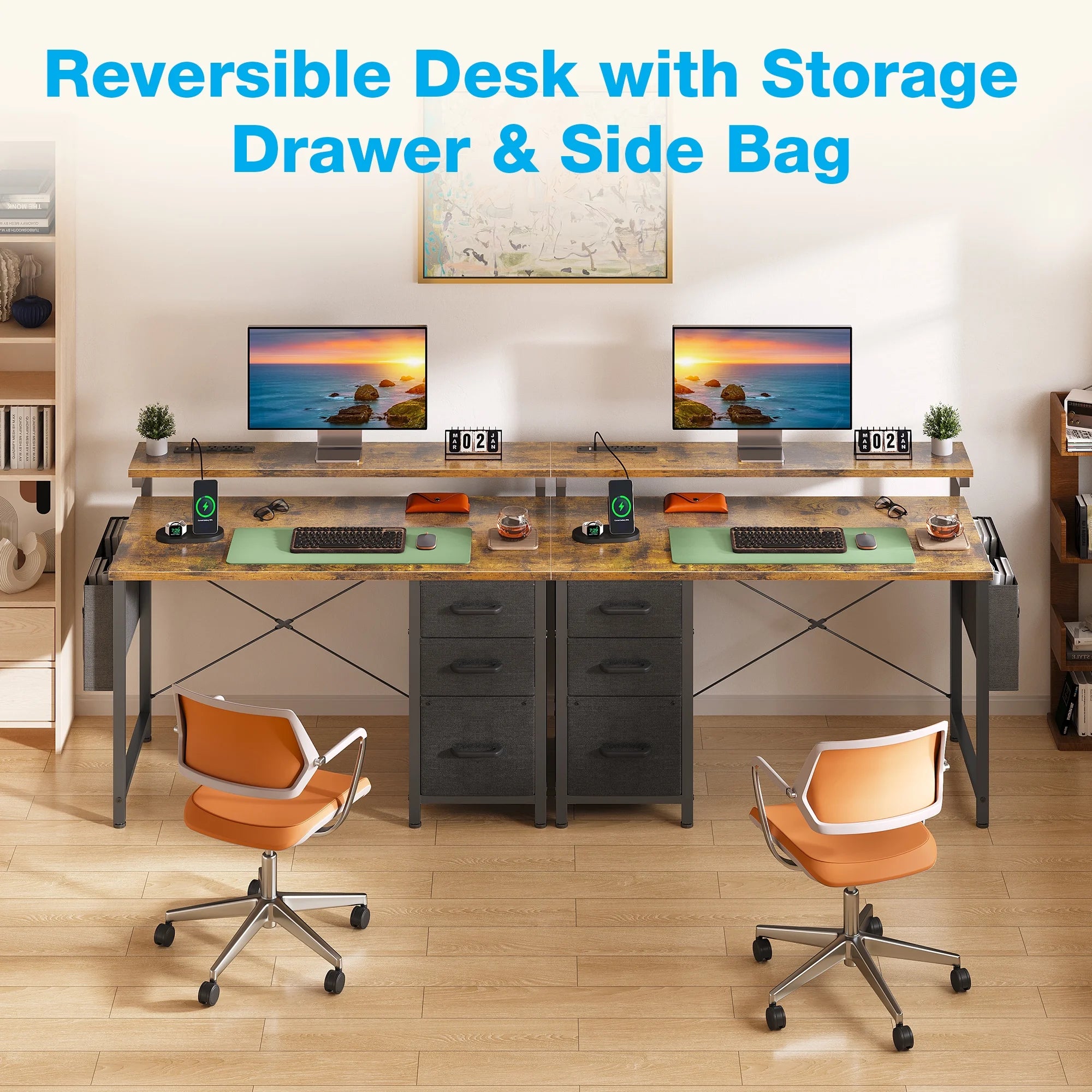 40 in Computer Desk with Power Outlets & LED Lights, Home Office Desk with 3 Drawers & Adjustable Monitor Shelf, , Writing Desk with Storage Bag, Vintage