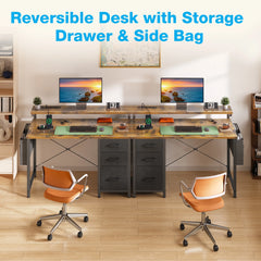 40 in Computer Desk with Power Outlets & LED Lights, Home Office Desk with 3 Drawers & Adjustable Monitor Shelf, , Writing Desk with Storage Bag, Vintage