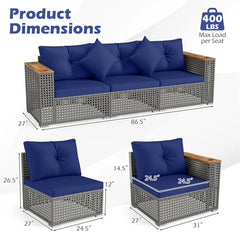 86.5" 3-Seat Patio Wicker Sofa, 3PCS Modular PE Rattan Sectional Furniture Set with Cup Holders & Wood Armrests, Outdoor Couch for Garden Yard