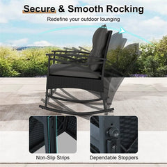 3 Piece Rattan Patio Rocking Bistro Set, Outdoor Wicker Rockers with Cushions & 2-Tier Tempered Glass Coffee Table for Porch, Balcony, Backyard