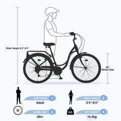 26 in Women'S Bike, Adult Cruiser Bicycle Shimano 7 Speed Steel Frame City Commuter Bike for Ladies, Green