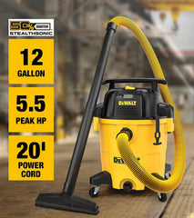 DEWALT 12 Gallon STEALTHSONIC Ultra Quiet Poly Wet Dry Vacuum, DXV12P - QTA Newest Noise Reduction Vac, 5.5 Peak HP Shop Vacuum for Jobsite/Workshop, Reduce Motor Noise, Yellow