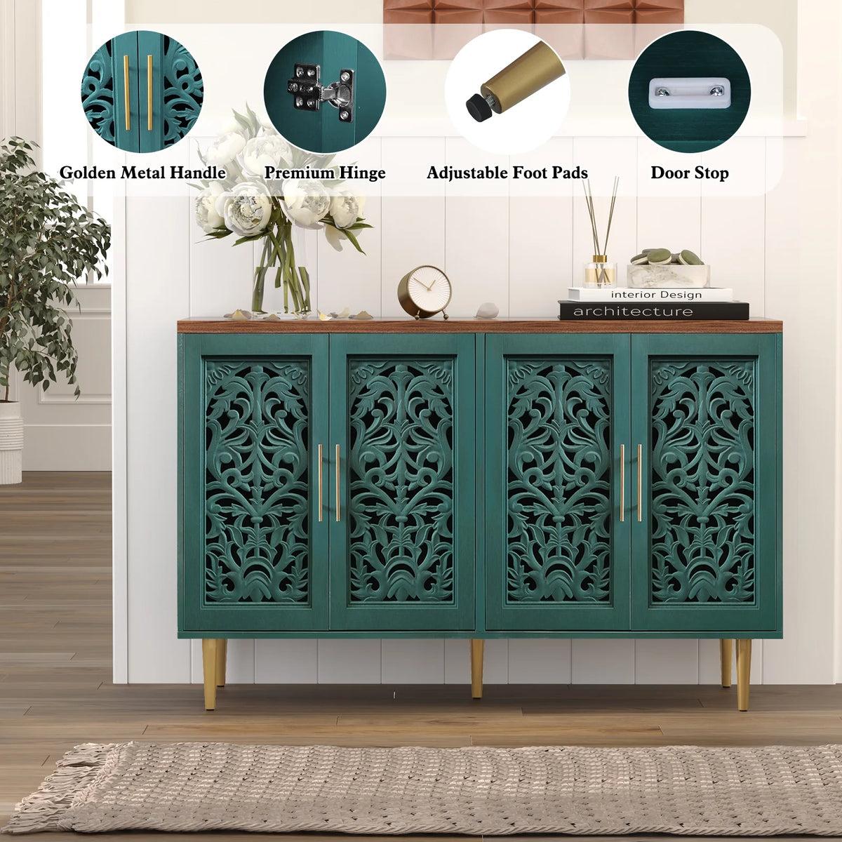HLR 48" Accent Cabinet with 4 Doors, Vintage Hollow Carving Storage Credenza, Sideboards and Buffets Cabinet for Living Room, Kitchen, Dining Room, Entryway