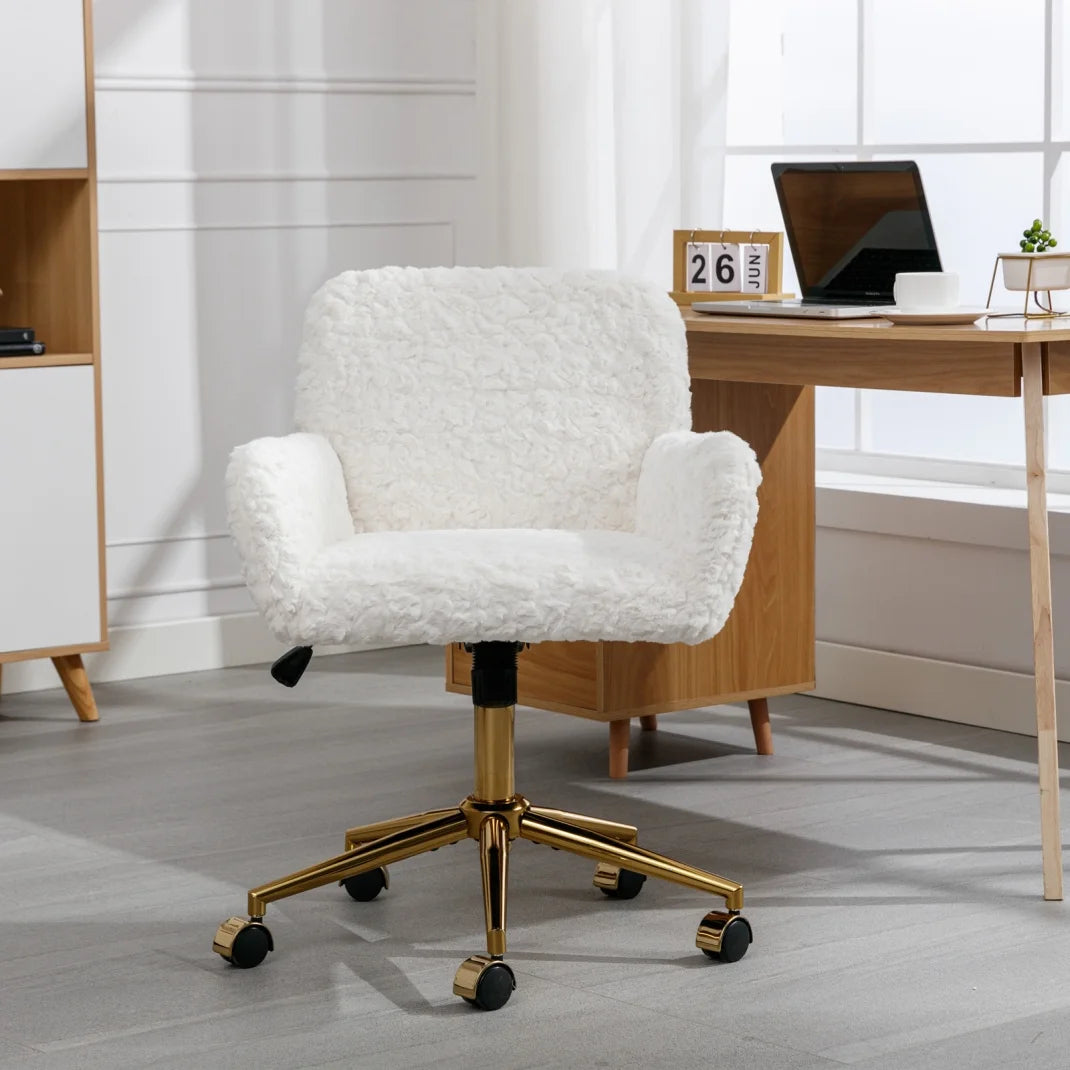 Furniture Office Chair, Artificial Rabbit Hair Makeup Vanity Chair Chair, 360 Comfy Swivel Armchair with Wheels, Modern Height Adjustable Cute Vanity Chair for Living Room Small Spaces Pink