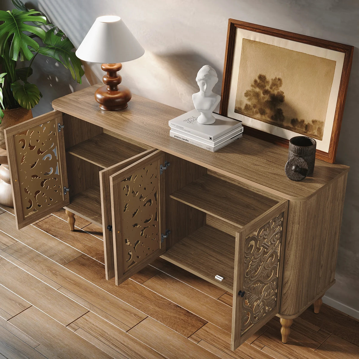 HLR 48" Accent Cabinet with 4 Doors, Vintage Hollow Carving Storage Credenza, Sideboards and Buffets Cabinet for Living Room, Kitchen, Dining Room, Entryway