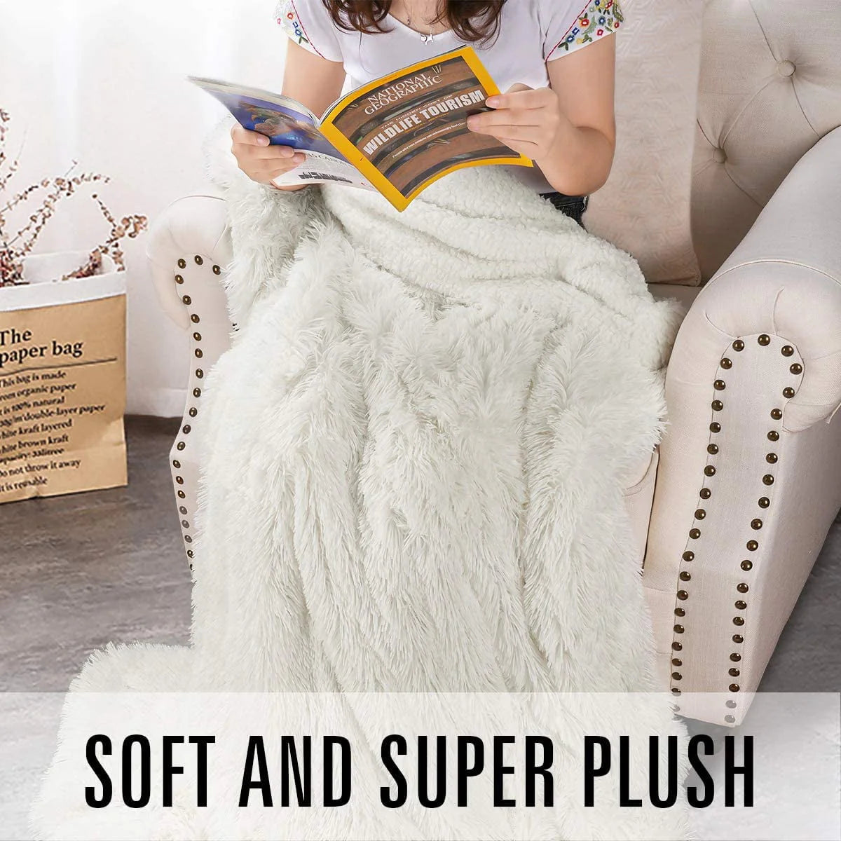 Junovo Super Soft Throw Blanket for Bed, Fluffy Cozy Plush Light Blanket, Washable Warm Furry Throw Blanket for Couch Sofa Chair Home Decor, 50"x60", Cream White