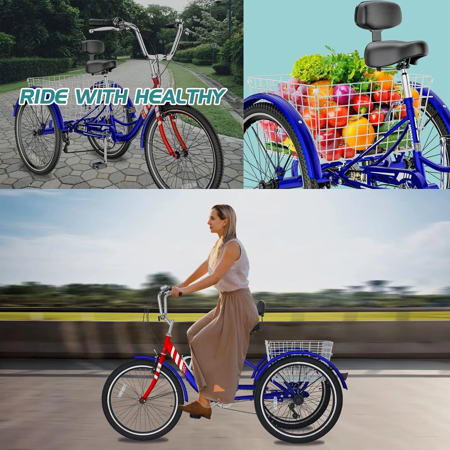 FICISOG 7 Speed Adult Tricycle for Women, 20/24/26 in Adult Trike with Basket, 3 Wheel Bikes for Adults Seniors, Cruise Trike for Shopping Picnic