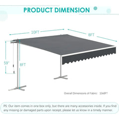 AECOJOY Free Standing Retractable Awning, 10'x8' Patio Awnings Outdoor Manual Sun Shade Shelter, Dark Grey
