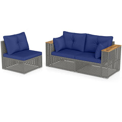 86.5" 3-Seat Patio Wicker Sofa, 3PCS Modular PE Rattan Sectional Furniture Set with Cup Holders & Wood Armrests, Outdoor Couch for Garden Yard