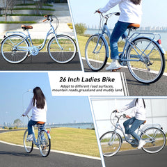26 in Women'S Bike, Adult Cruiser Bicycle Shimano 7 Speed Steel Frame City Commuter Bike for Ladies, Green
