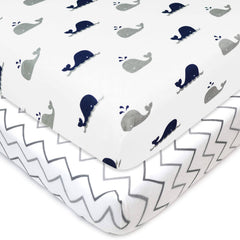 American Baby Company Printed 100% Natural Cotton Jersey Knit Fitted PortableMini-crib Sheet, Navy Whalegrey Zigzag, Soft Breath