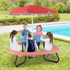 8-Person Kids Picnic Table Bench Set with Removable & Foldable Umbrella, Toddler Outdoor HDPE Activity Table and Chair Set for Backyard Patio