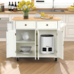 Richya Kitchen Island with Storage, Rolling Kitchen Cart with Lockable Wheels, Rubber Wood Tabletop Kitchen Island Table for Kitchen, Living Room, White
