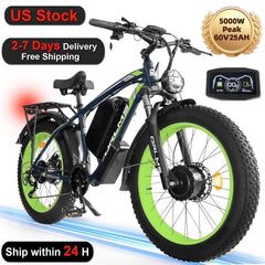 (US in Stock) 5000W Peak Dual Motor Electric Bike for Adults, 60V 25AH Removable Battery Ebike, 50MPH AWD 21 - Speed Mountain Snow E - Bike with 26" x 4.0 Fat Tire, Long Range Mountain Off - Road Ebikes