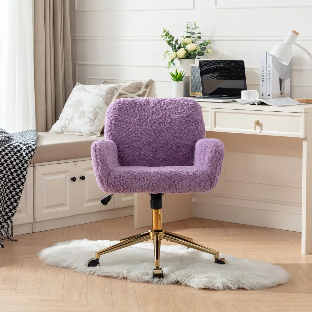 Furniture Office Chair, Artificial Rabbit Hair Makeup Vanity Chair Chair, 360 Comfy Swivel Armchair with Wheels, Modern Height Adjustable Cute Vanity Chair for Living Room Small Spaces Pink