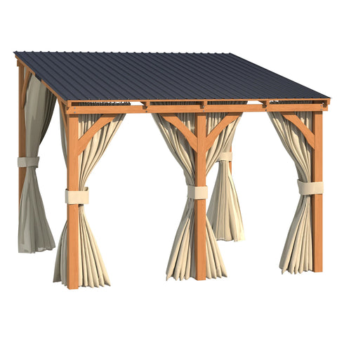 AECOJOY 10x10 Outdoor Wooden Pergola Gazebo with Curtains and Netting for Patio