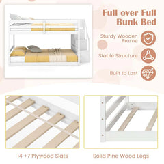 Full Over Full Bunk Bed with Storage Stairs, Solid Wood Floor Bunk Bed with Full-Length Guardrails, Low Bunk Bed with for Kids Teens Adults