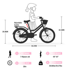 20" Kids Bike Girls Bike with Basket Single Speed Steel Frame Children Bicycle for 7 - 10 Years, Pink