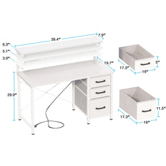 40 in Computer Desk with Power Outlets & LED Lights, Home Office Desk with 3 Drawers & Adjustable Monitor Shelf, , Writing Desk with Storage Bag, Vintage